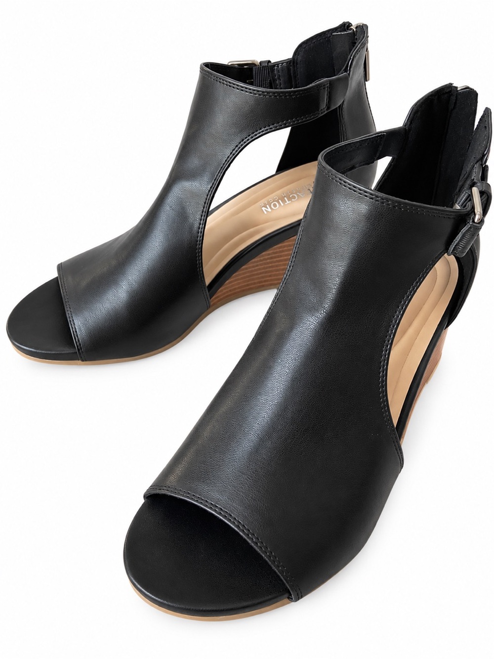 Reaction Kenneth Cole Black Wedge Sandals Peep Toe Ankle Strap Size 10